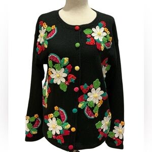 Vintage Talbots Fun Embroidered Fruits Patch Buttoned Knit Cardigan Size Small